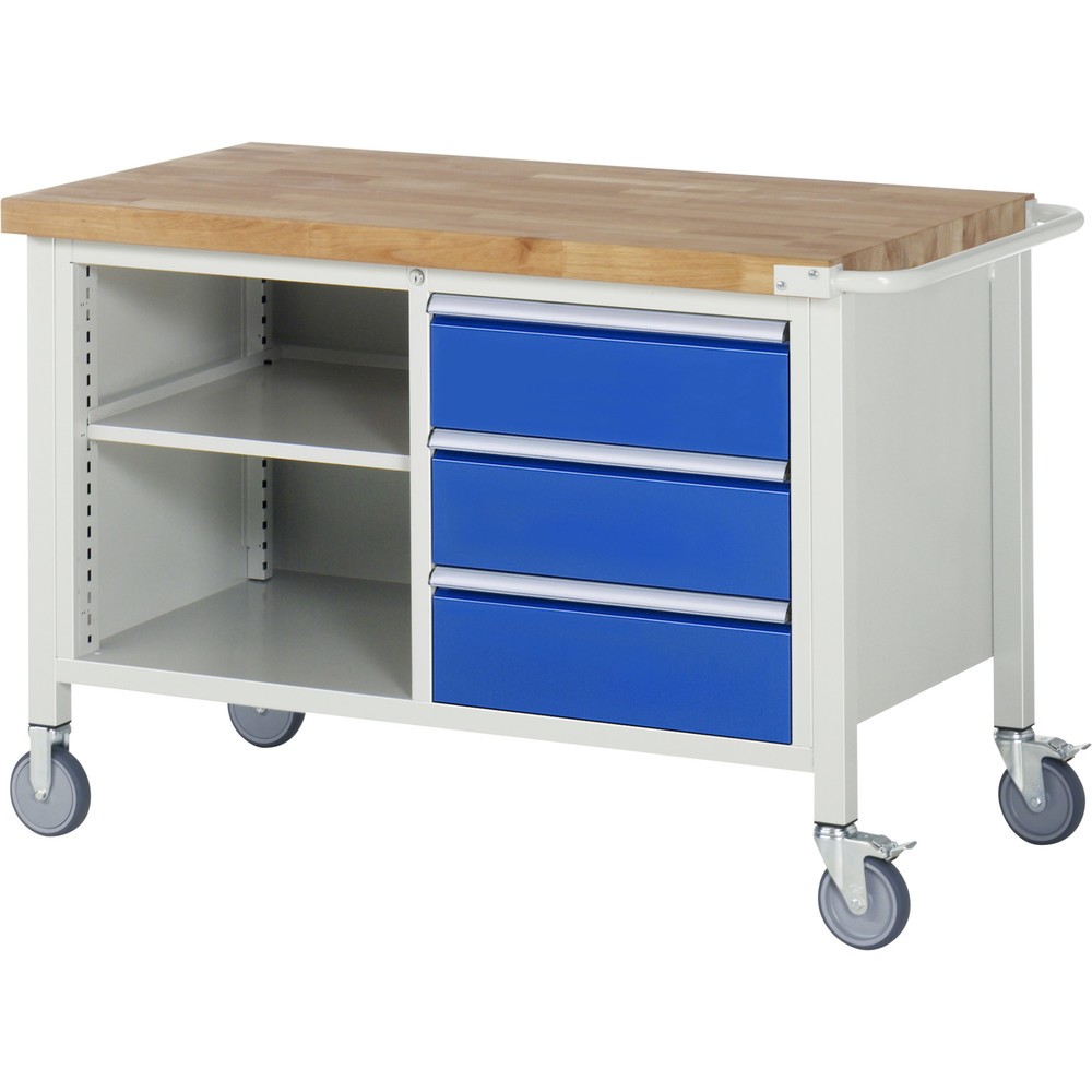 Produktabbildung Nr. 1: RAU mobile Werkbank Serie 8000, 1 Doppel-Container, 1 Fachboden, HxBxT 880-1.080 x 1.250 x 700 mm, 3 x 90%-Auszug-Schubladen