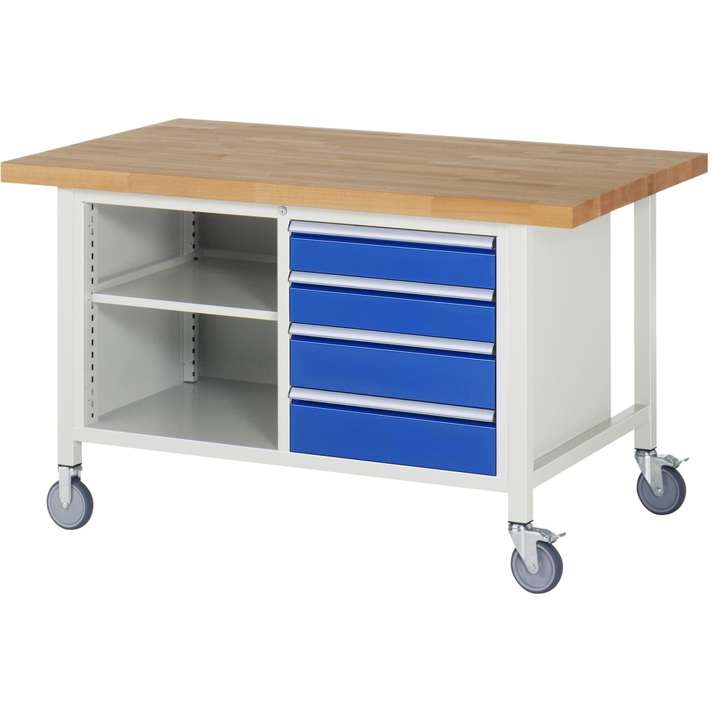 Produktabbildung Nr. 1: RAU mobile Werkbank Serie 8000, 1 Doppel-Container, 1 Fachboden, HxBxT 880-1.080 x 1.500 x 900 mm, 4 x 90%-Auszug-Schubladen