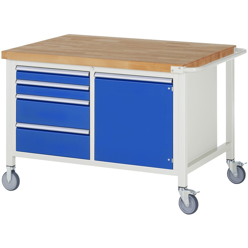 Produktabbildung: RAU mobile Werkbank Serie 8000, 1 Doppel-Container, 1 Flügeltür, HxBxT 880-1.080 x 1.250 x 900 mm, 4 x 90%-Auszug-Schubladen