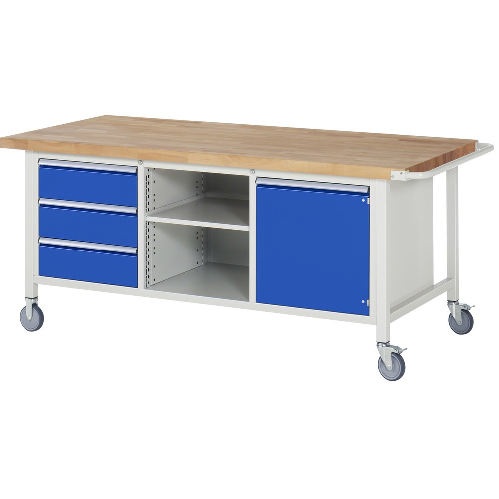 Produktabbildung Nr. 1: RAU mobile Werkbank Serie 8000, 1 Dreifach-Container, 1 Fachboden, 1 Flügeltür, HxBxT 880 x 2.000 x 900 mm, 3 x 90%-Auszug-Schubladen, ErgoScript
