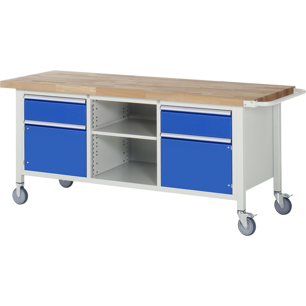 Produktabbildung: RAU mobile Werkbank Serie 8000, 1 Dreifach-Container, 1 Fachboden, 2 Flügeltüren, HxBxT 880-1.080 x 2.000 x 700 mm, 2 x 100%-Auszug-Schubladen
