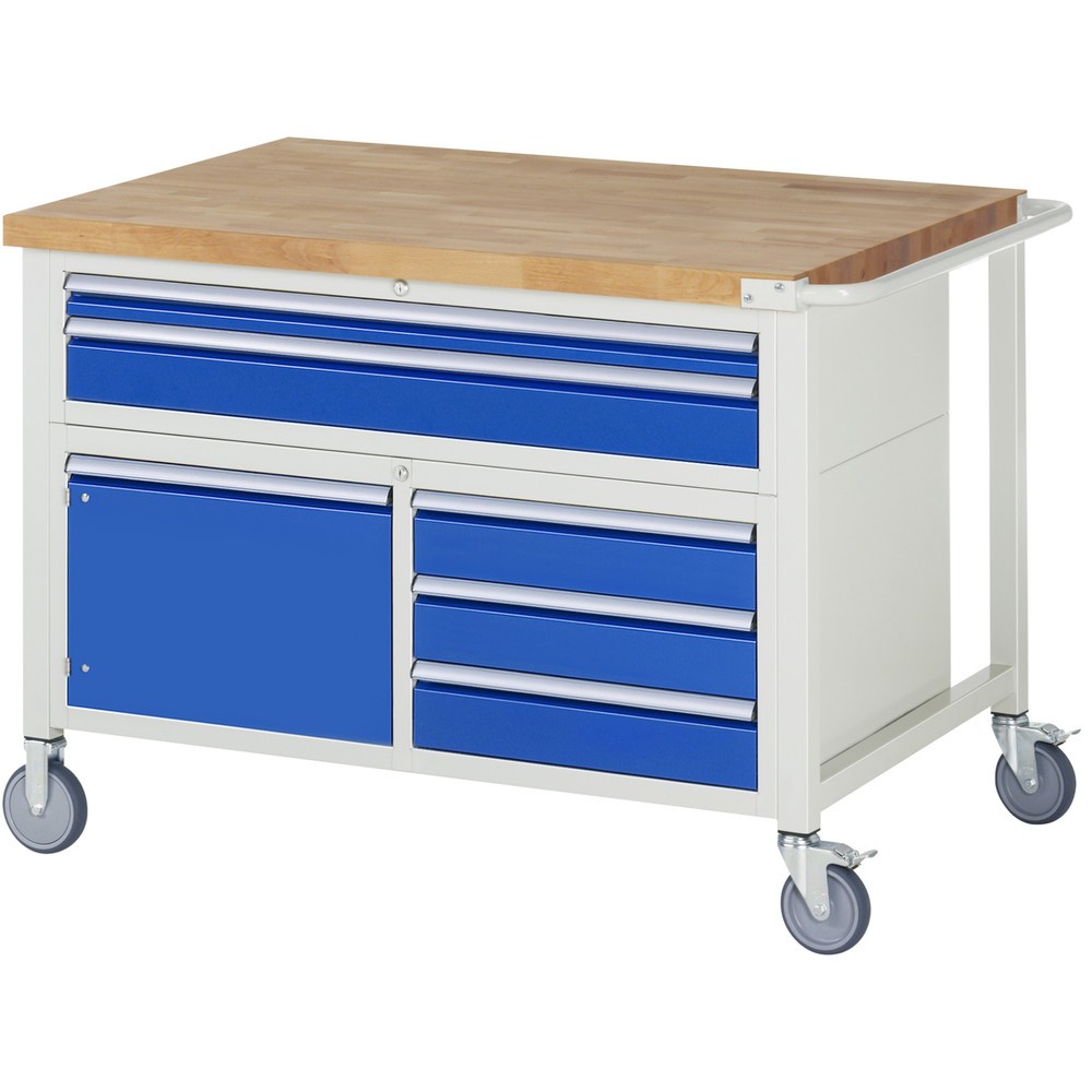 Produktabbildung: RAU mobile Werkbank Serie 8000, 1 Dreifach-Container, 1 Flügeltür, HxBxT 920-1.120 x 1.250 x 900 mm, 5 x 90%-Auszug-Schubladen