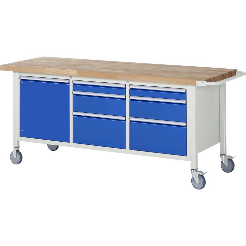 Produktabbildung: RAU mobile Werkbank Serie 8000, 1 Dreifach-Container, 1 Flügeltür, HxBxT 880-1.080 x 2.000 x 700 mm, 6 x 90%-Auszug-Schubladen