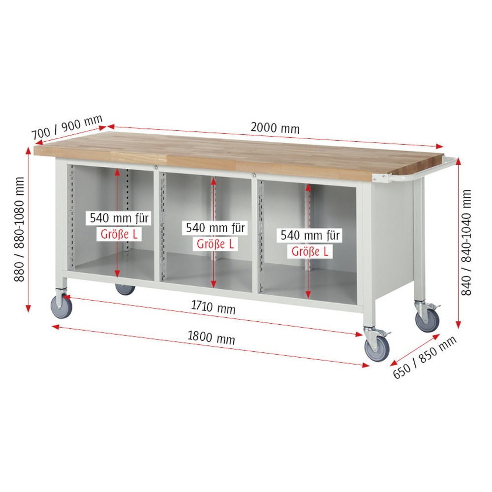 Produktabbildung Nr. 3: RAU mobile Werkbank Serie 8000, 1 Dreifach-Container, 2 Fachböden, HxBxT 880 x 2.000 x 700 mm, 4 x 100%-Auszug-Schubladen