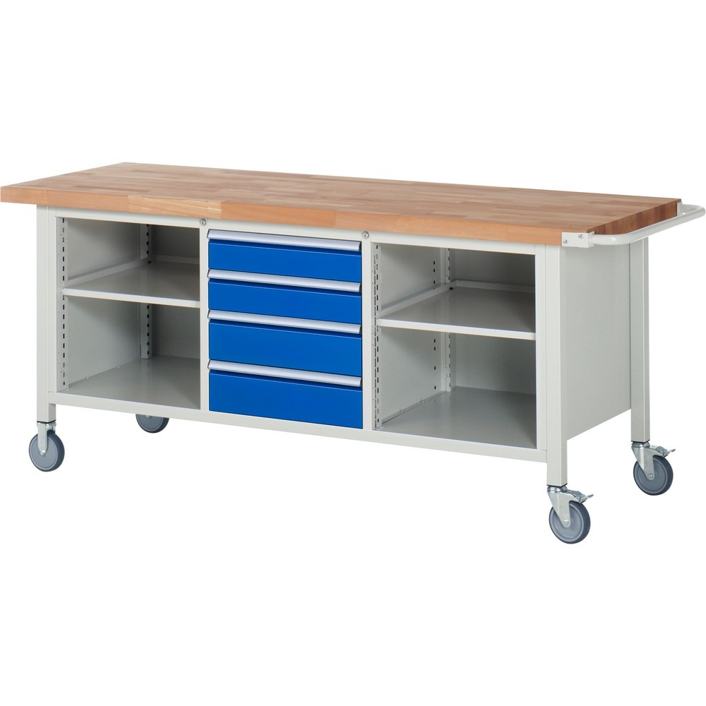 Produktabbildung Nr. 1: RAU mobile Werkbank Serie 8000, 1 Dreifach-Container, 2 Fachböden, HxBxT 880 x 2.000 x 700 mm, 4 x 100%-Auszug-Schubladen