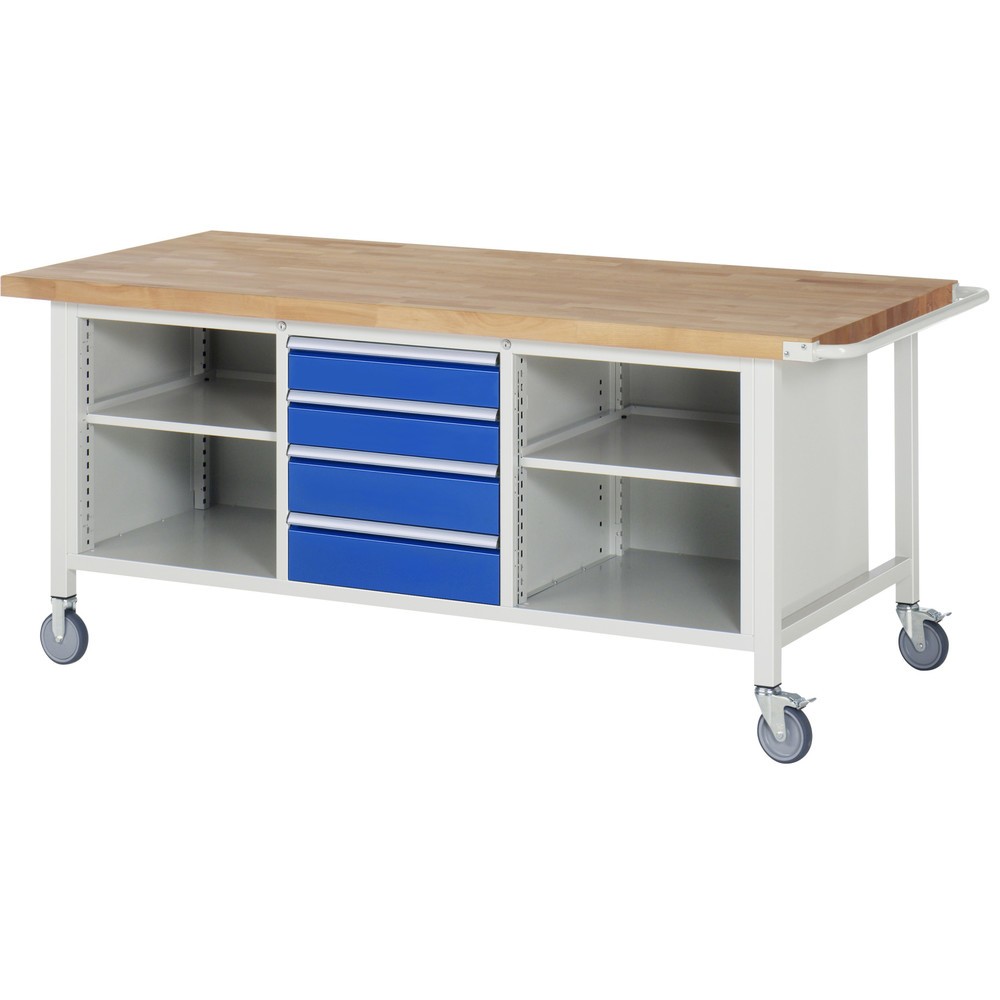 Produktabbildung: RAU mobile Werkbank Serie 8000, 1 Dreifach-Container, 2 Fachböden, HxBxT 880 x 2.000 x 900 mm, 4 x 90%-Auszug-Schubladen