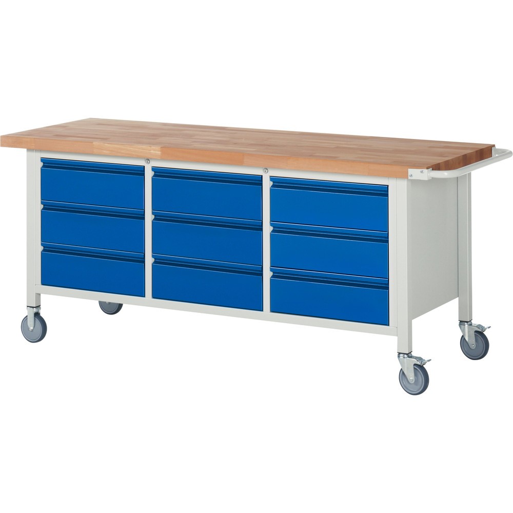 Produktabbildung Nr. 1: RAU mobile Werkbank Serie 8000, 1 Dreifach-Container, HxBxT 880 x 2.000 x 700 mm, 9 x 90%-Auszug-Schubladen, integrierte Griffleiste