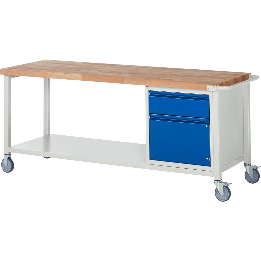 Produktabbildung Nr. 1: RAU mobile Werkbank Serie 8000, HxBxT 880 x 2.000 x 700 mm, 1 Container, 1 Ablageboden, 1 Flügeltür, 1 x 90%-Auszug-Schublade, Griffleiste