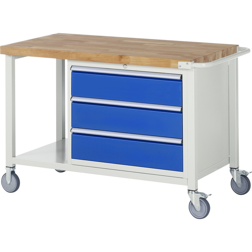 Produktabbildung: RAU mobile Werkbank Serie 8000, 1 Ablageboden, HxBxT 880-1.080 x 1.250 x 700 mm, 3 x 90%-Auszug-Schubladen, Breite 680 mm