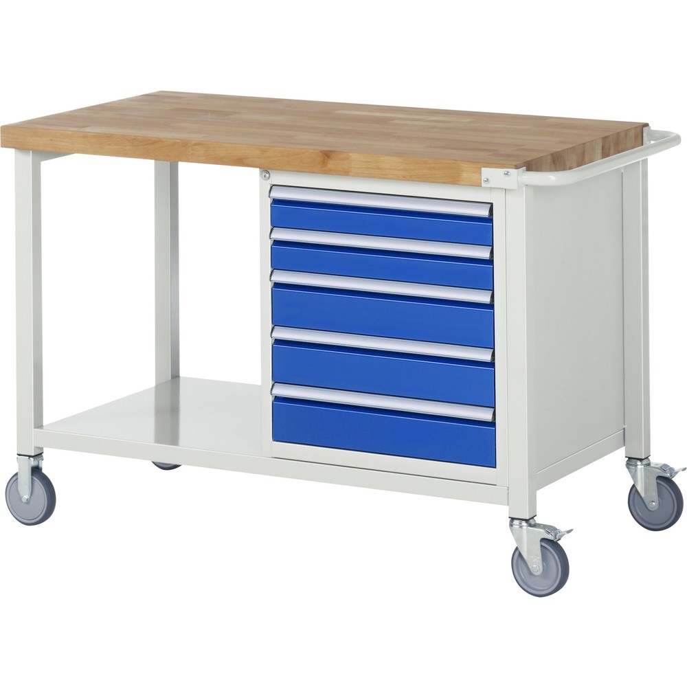 Produktabbildung: RAU mobile Werkbank Serie 8000, HxBxT 880 x 1.250 x 700 mm, 1 Container, 5 x 90%-Auszug-Schubladen, Breite 490 mm