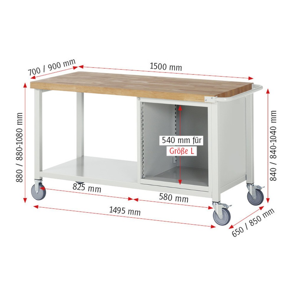 Produktabbildung Nr. 6: RAU mobile Werkbank Serie 8000, 1 Ablageboden, 1 Flügeltür, HxBxT 880-1.080 x 1.500 x 700 mm, 1 Schublade