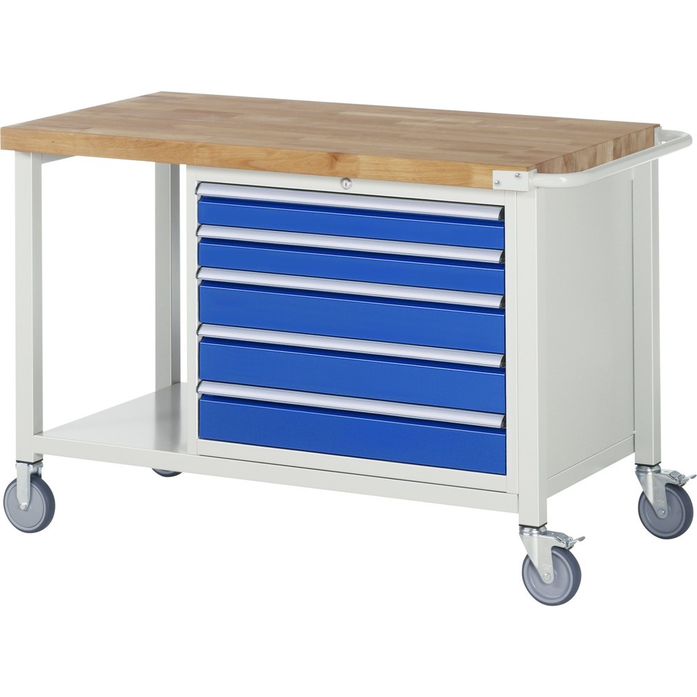 Produktabbildung: RAU mobile Werkbank Serie 8000, 1 Ablageboden, HxBxT 880-1.080 x 1.250 x 700 mm, 5 x 90%-Auszug-Schubladen, Breite 680 mm
