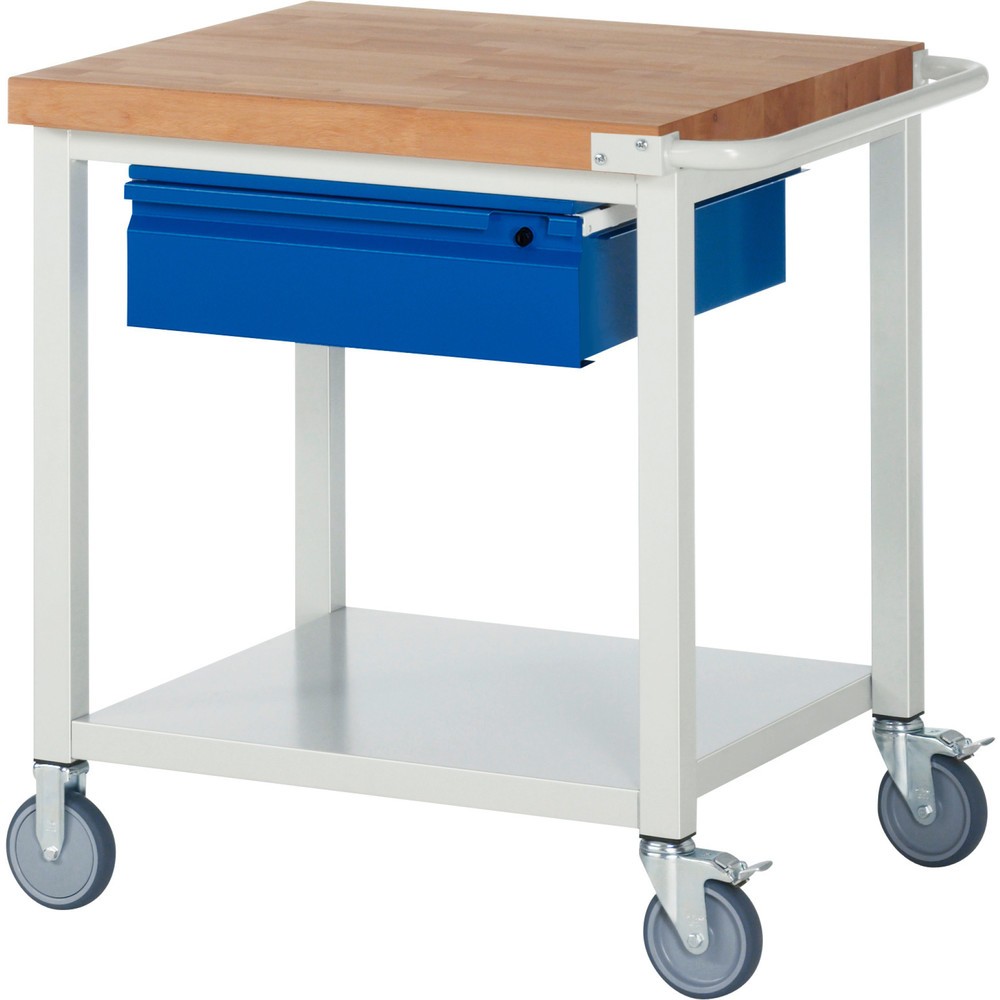 Produktabbildung: RAU mobile Werkbank Serie 8000, Buche-Massiv-Arbeitsplatte, Stärke 40 mm, HxBxT 880 x 750 x 700 mm, 1 Schublade, 1 Ablageboden