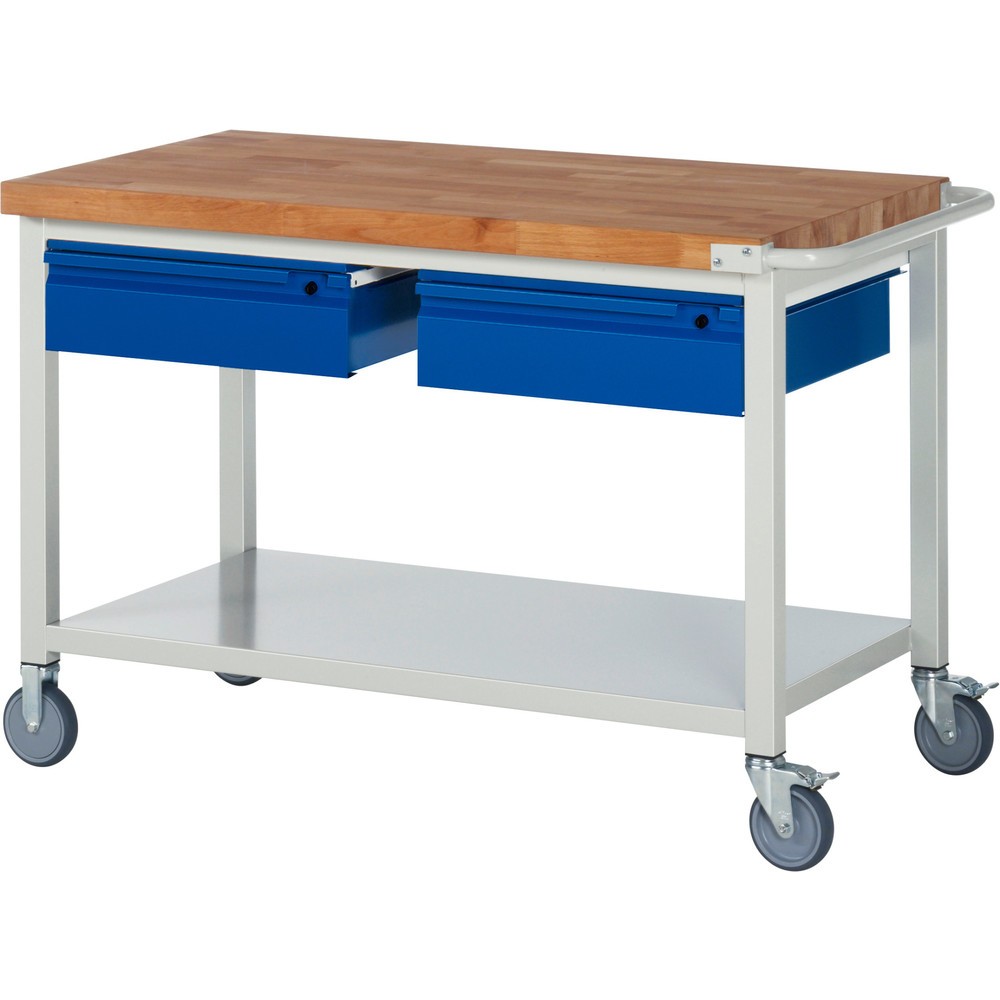 Produktabbildung: RAU mobile Werkbank Serie 8000, Buche-Massiv-Arbeitsplatte, Stärke 40 mm, HxBxT 880 x 1.250 x 700 mm, 2 Schubladen, 1 Ablageboden