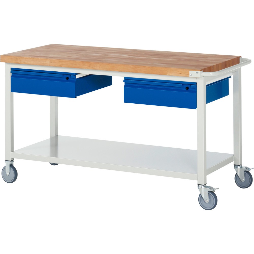 Produktabbildung Nr. 1: RAU mobile Werkbank Serie 8000, Buche-Massiv-Arbeitsplatte, Stärke 40 mm, HxBxT 880 x 1.500 x 700 mm, 2 Schubladen, 1 Ablageboden