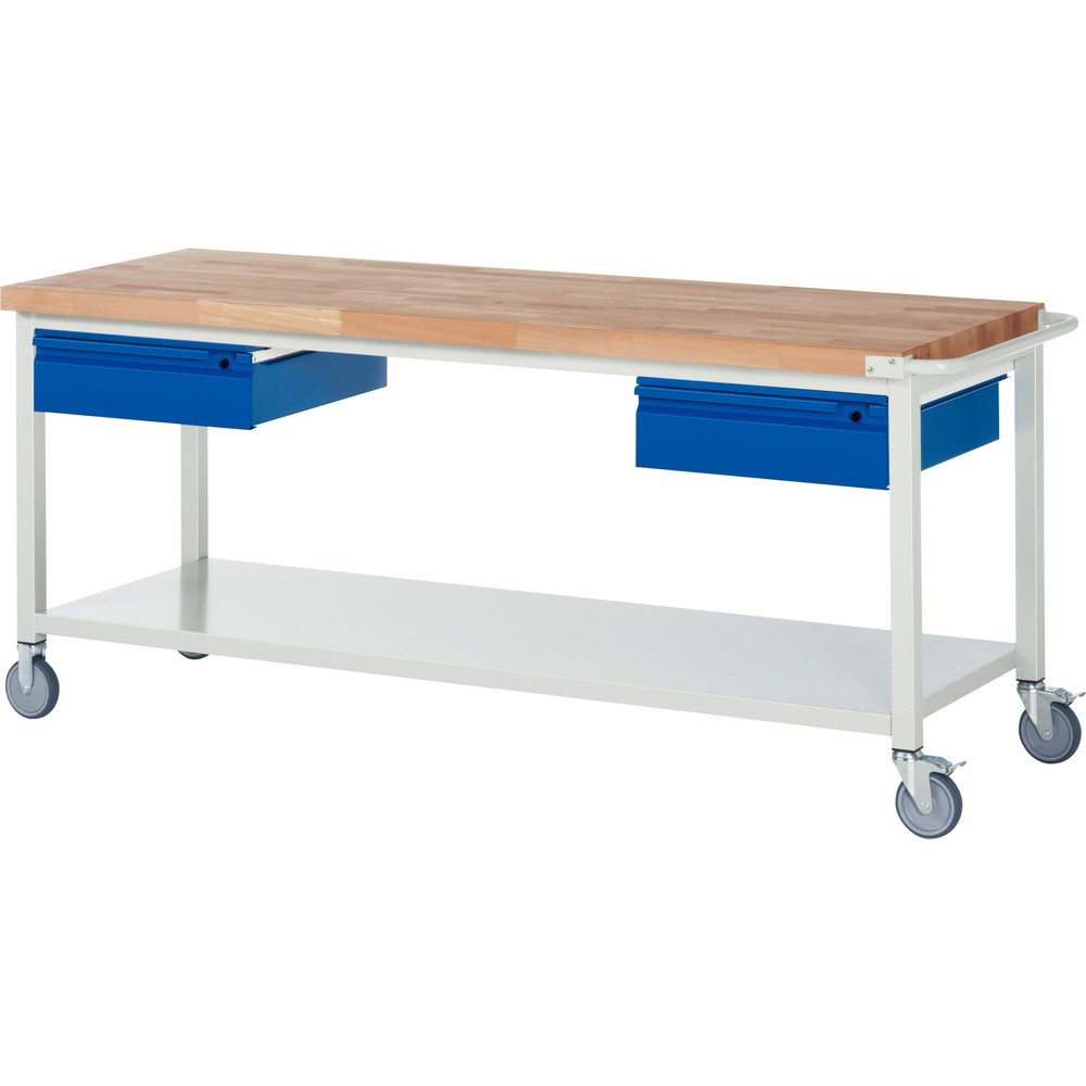 Produktabbildung Nr. 1: RAU mobile Werkbank Serie 8000, Buche-Massiv-Arbeitsplatte, Stärke 40 mm, HxBxT 880 x 2.000 x 700 mm, 2 Schubladen, 1 Ablageboden