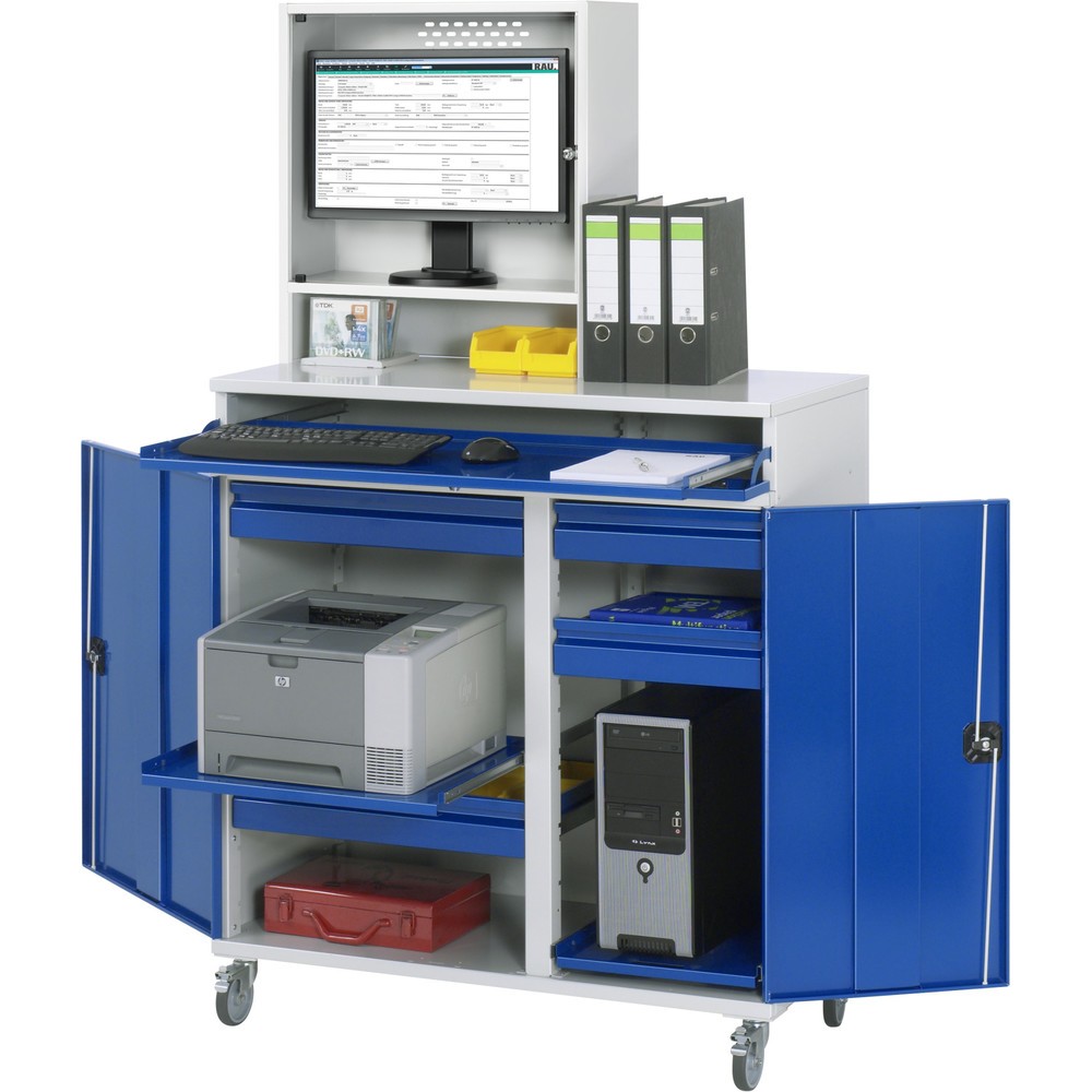 Produktabbildung Nr. 1: RAU mobiler Computer-Schrank, Monitorgehäuse, Tastaturauszug, Doppel-Flügeltür, Schubladenanzahl x H x B: 4 x 80 x 450-650 mm
