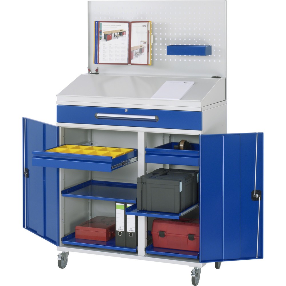 Produktabbildung: RAU mobiles Stehpult, HxBxT 1.235-1.895 x 1.100 x 520 mm, Schubladen 2 x 80, 1 x 120 mm