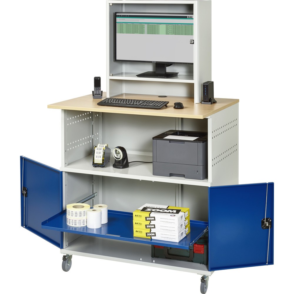 N° de l'image du produit 4 : RAU Poste informatique HxlxP 1 860 x 1 100 x 800 mm, plan de travail décor hêtre, avec 2 portes battantes et casier pour l’écran