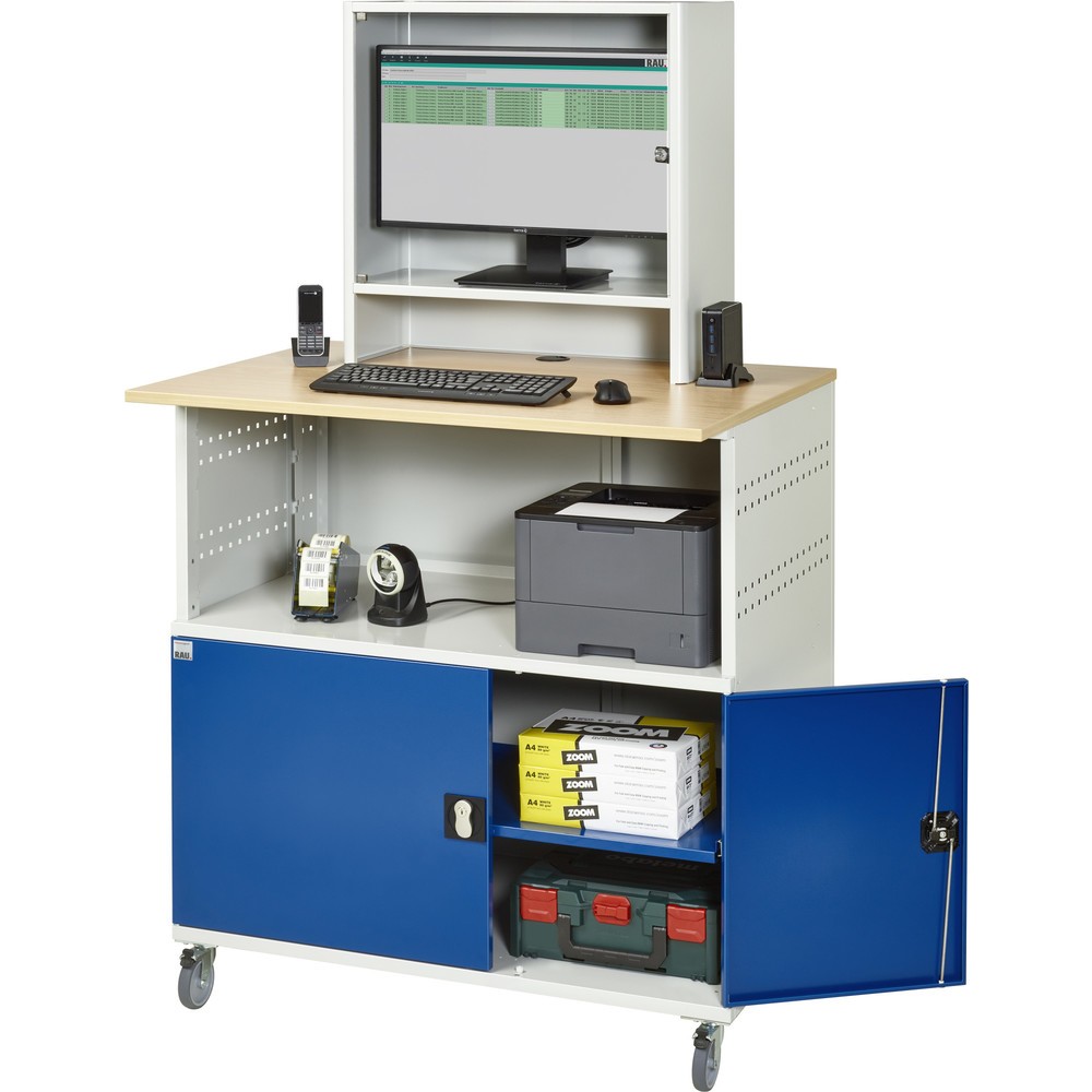 N° de l'image du produit 5 : RAU Poste informatique HxlxP 1 860 x 1 100 x 800 mm, plan de travail décor hêtre, avec 2 portes battantes et casier pour l’écran