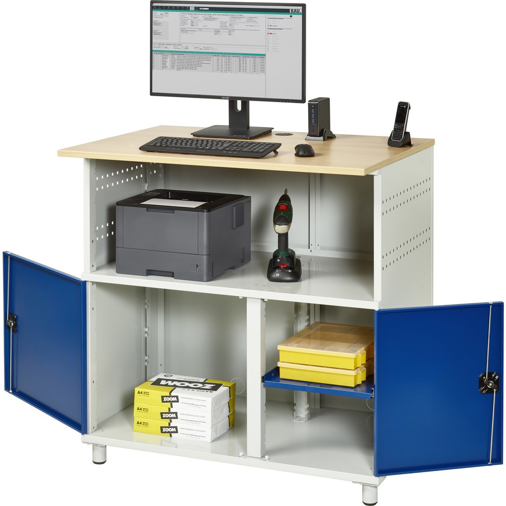 Produktabbildung Nr. 1: RAU Poste informatique HxlxP 1 100 x 1 100 x 800 mm, plan de travail décor hêtre, avec 2 portes battantes et bloc multiprises
