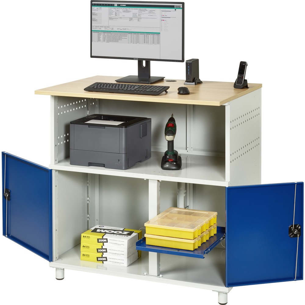 Produktabbildung Nr. 4: RAU Poste informatique HxlxP 1 100 x 1 100 x 800 mm, plan de travail décor hêtre, avec 2 portes battantes et bloc multiprises