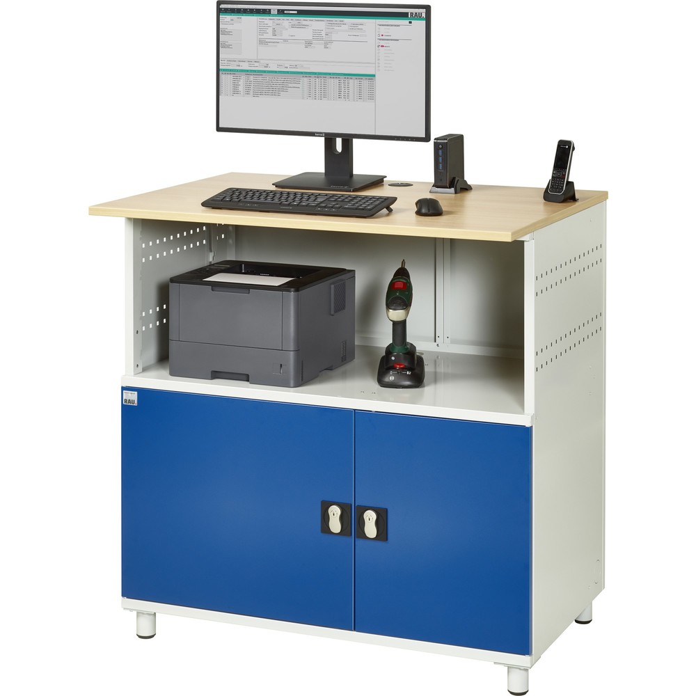 Produktabbildung Nr. 6: RAU Poste informatique HxlxP 1 100 x 1 100 x 800 mm, plan de travail décor hêtre, avec 2 portes battantes et bloc multiprises