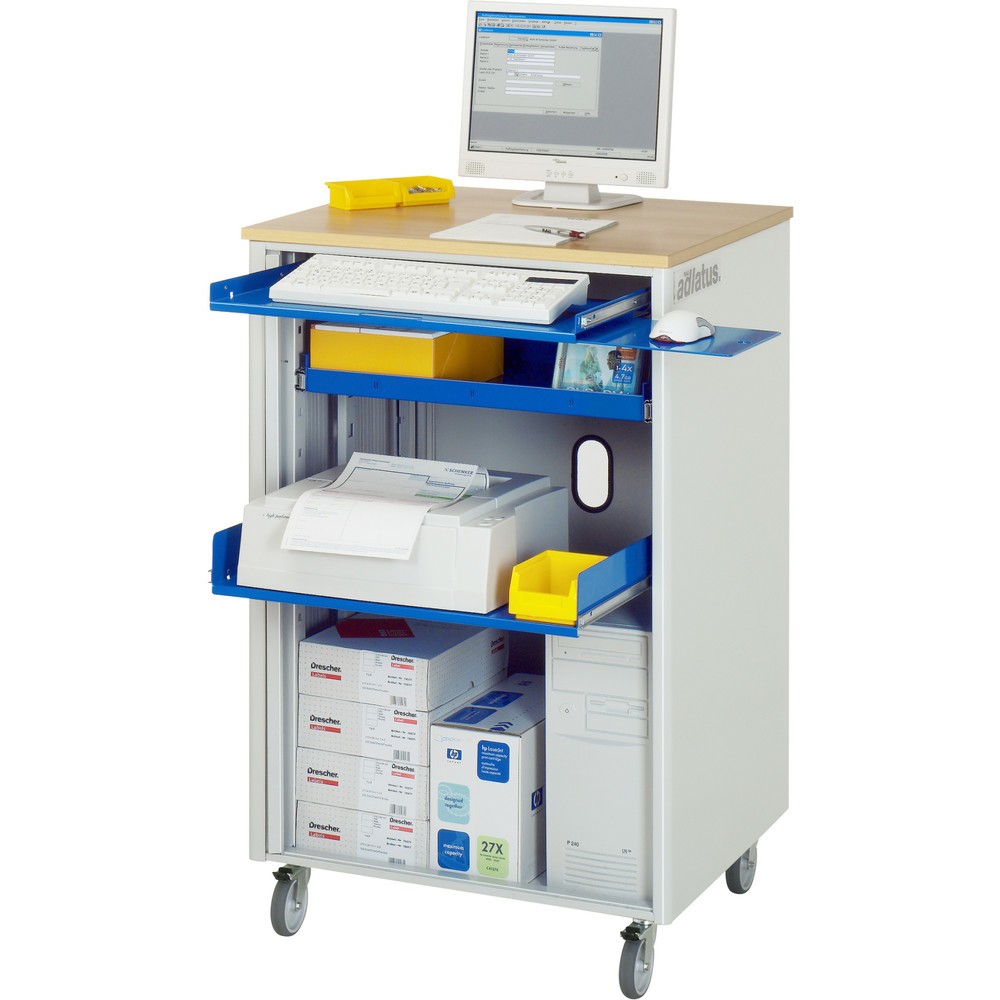 Illustration du produit: RAU Postes informatiques HxlxP 1 100 x 720 x 660 mm, plateau de travail décor hêtre, avec volets roulants, bloc multiprises et jeu de roulettes