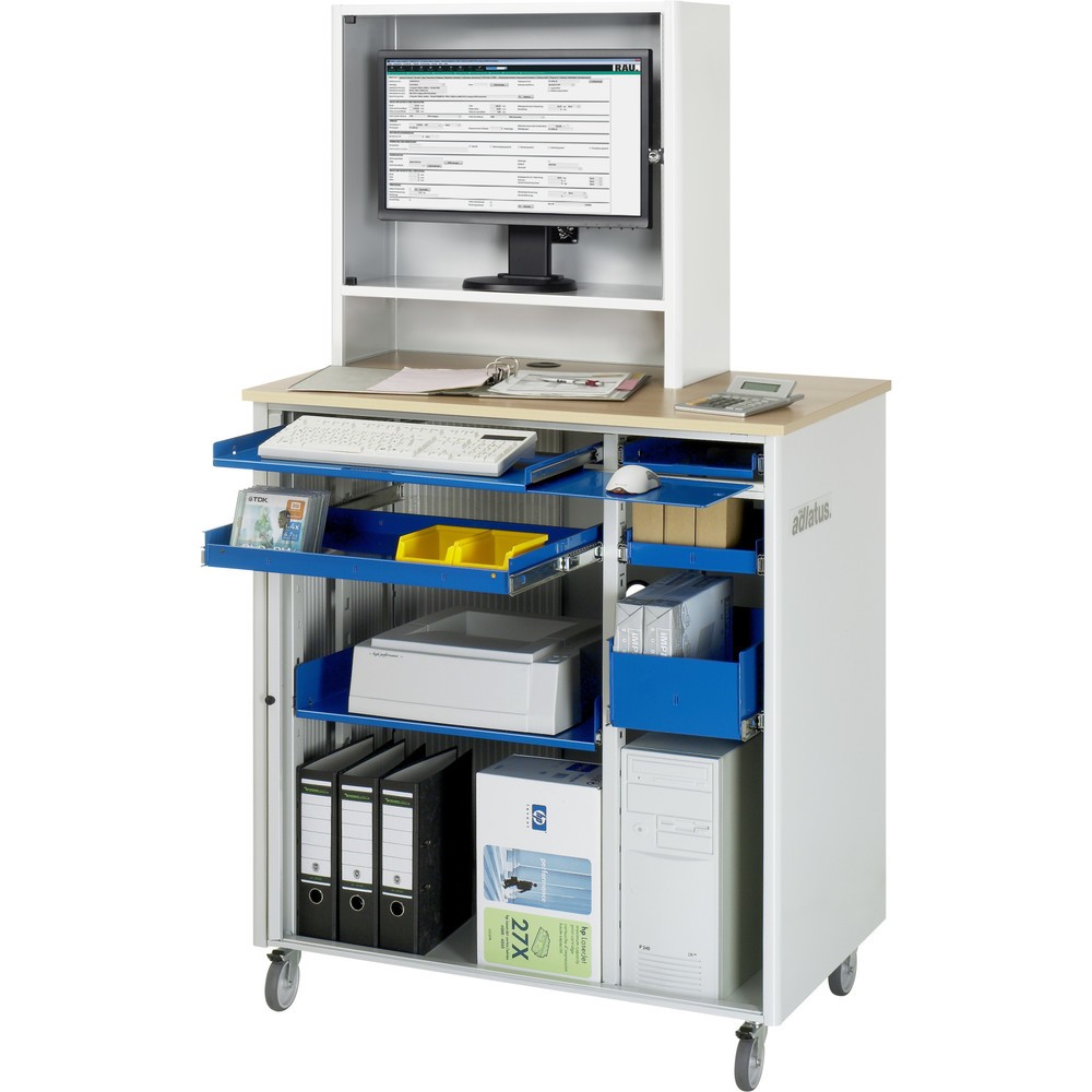 Produktabbildung Nr. 1: RAU Postes informatiques HxlxP 1 810 x 1 030 x 660 mm, plateau de travail décor hêtre, avec volets roulants, bloc multiprises, jeu de roulettes et casier pour écran