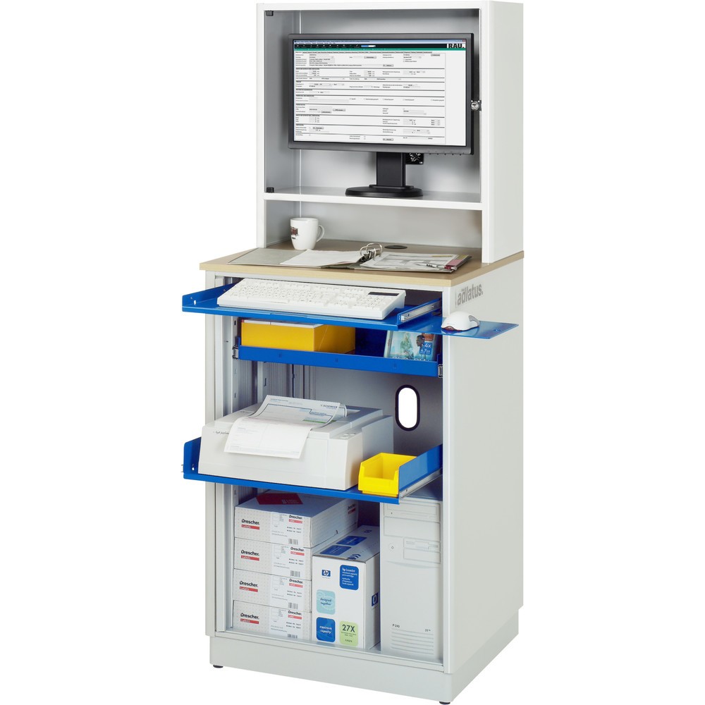 Produktabbildung Nr. 1: RAU Postes informatiques HxlxP 1 810 x 720 x 660 mm, plateau de travail décor hêtre, avec volet roulant, bloc multiprises