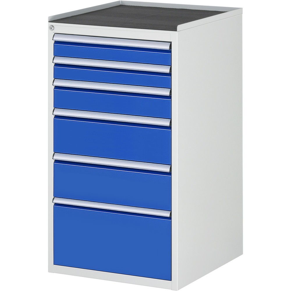 Produktabbildung: RAU Schubladenschrank Serie 7000, HxBxT 1.035 x 580 x 650 mm, 6 x 90%-Auszug-Schubladen 2 x 90, 1 x 120, 2 x 180, 1 x 270 mm, Arbeitsplatte Metall