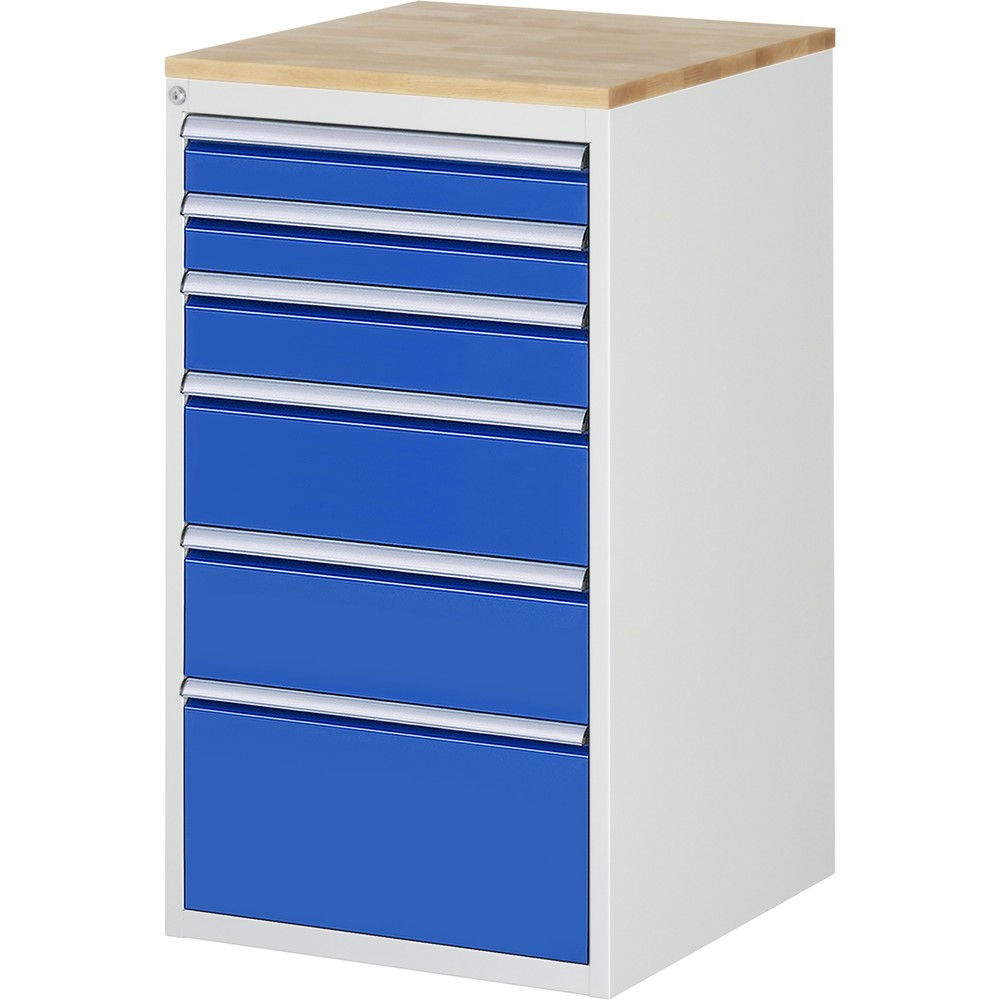Produktabbildung: RAU Schubladenschrank Serie 7000, HxBxT 1.035 x 580 x 650 mm, 6 x 90%-Auszug-Schubladen 2 x 90, 1 x 120, 2 x 180, 1 x 270 mm, Arbeitsplatte Buche
