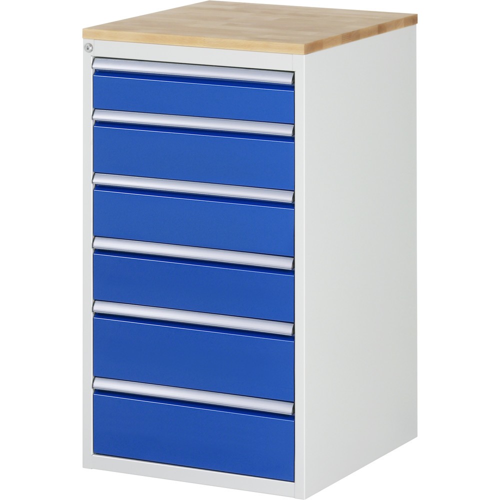 Produktabbildung: RAU Schubladenschrank Serie 7000, HxBxT 1.035 x 580 x 650 mm, 6 x 90%-Auszug-Schubladen 1 x 120, 3 x 150, 2 x 180 mm, Arbeitsplatte Buche