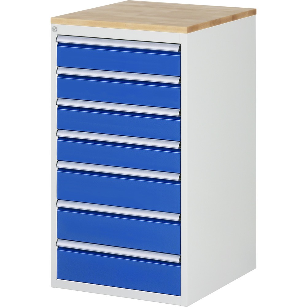 Produktabbildung: RAU Schubladenschrank Serie 7000, HxBxT 1.035 x 580 x 650 mm, 7 x 90%-Auszug-Schubladen 4 x 120, 3 x 150 mm, Arbeitsplatte Buche