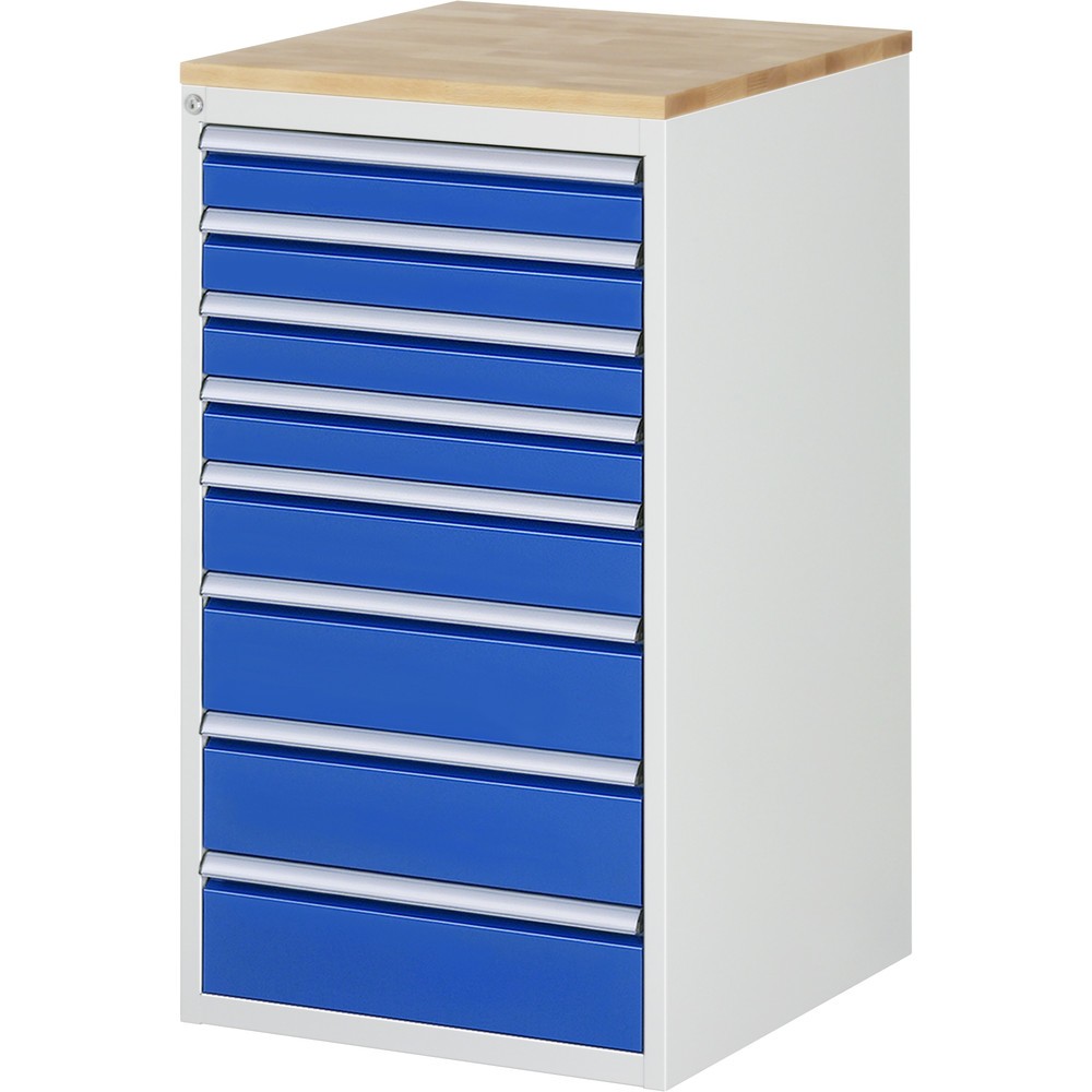 Produktabbildung: RAU Schubladenschrank Serie 7000, HxBxT 1.035 x 580 x 650 mm, 8 x 90%-Auszug-Schubladen 4 x 90, 1 x 120, 3 x 150 mm, Arbeitsplatte Buche