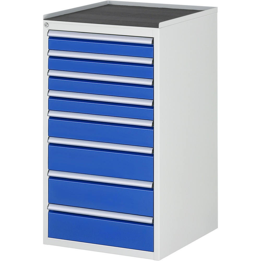 Produktabbildung: RAU Schubladenschrank Serie 7000, HxBxT 1.035 x 580 x 650 mm, 8 x 90%-Auszug-Schubladen 4 x 90, 1 x 120, 3 x 150 mm, Arbeitsplatte Metall