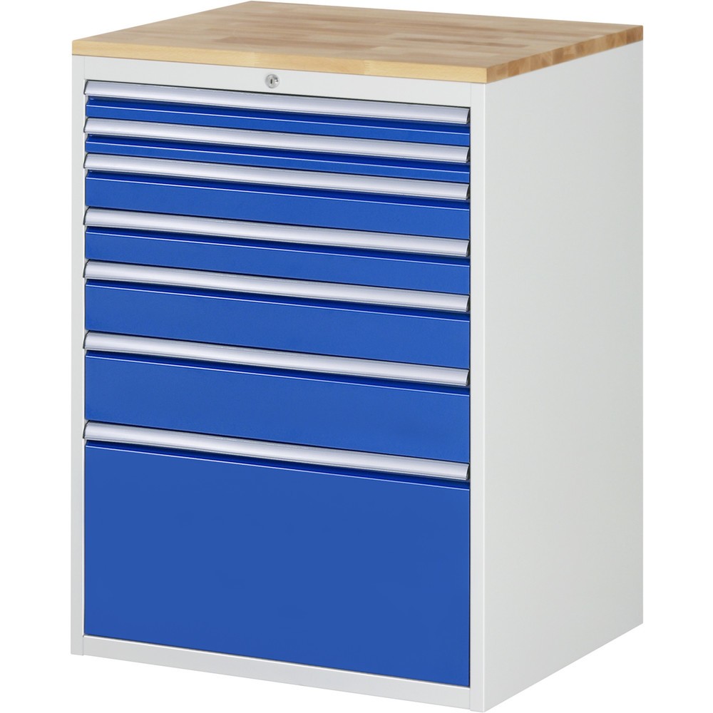 Produktabbildung: RAU Schubladenschrank Serie 7000, HxBxT 1.035 x 770 x 650 mm, 7 x 90%-Auszug-Schubladen 2 x 60, 2 x 90, 1 x 120, 1 x 150, 1 x 360 mm, Arbeitsplatte Buche