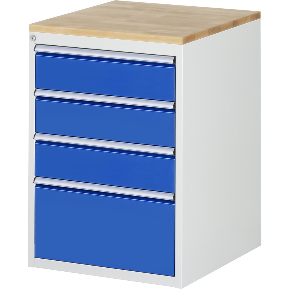 Produktabbildung: RAU Schubladenschrank Serie 7000, HxBxT 825 x 580 x 650 mm, 4 x 90%-Auszug-Schubladen 3 x 150, 1 x 270 mm, Arbeitsplatte Buche