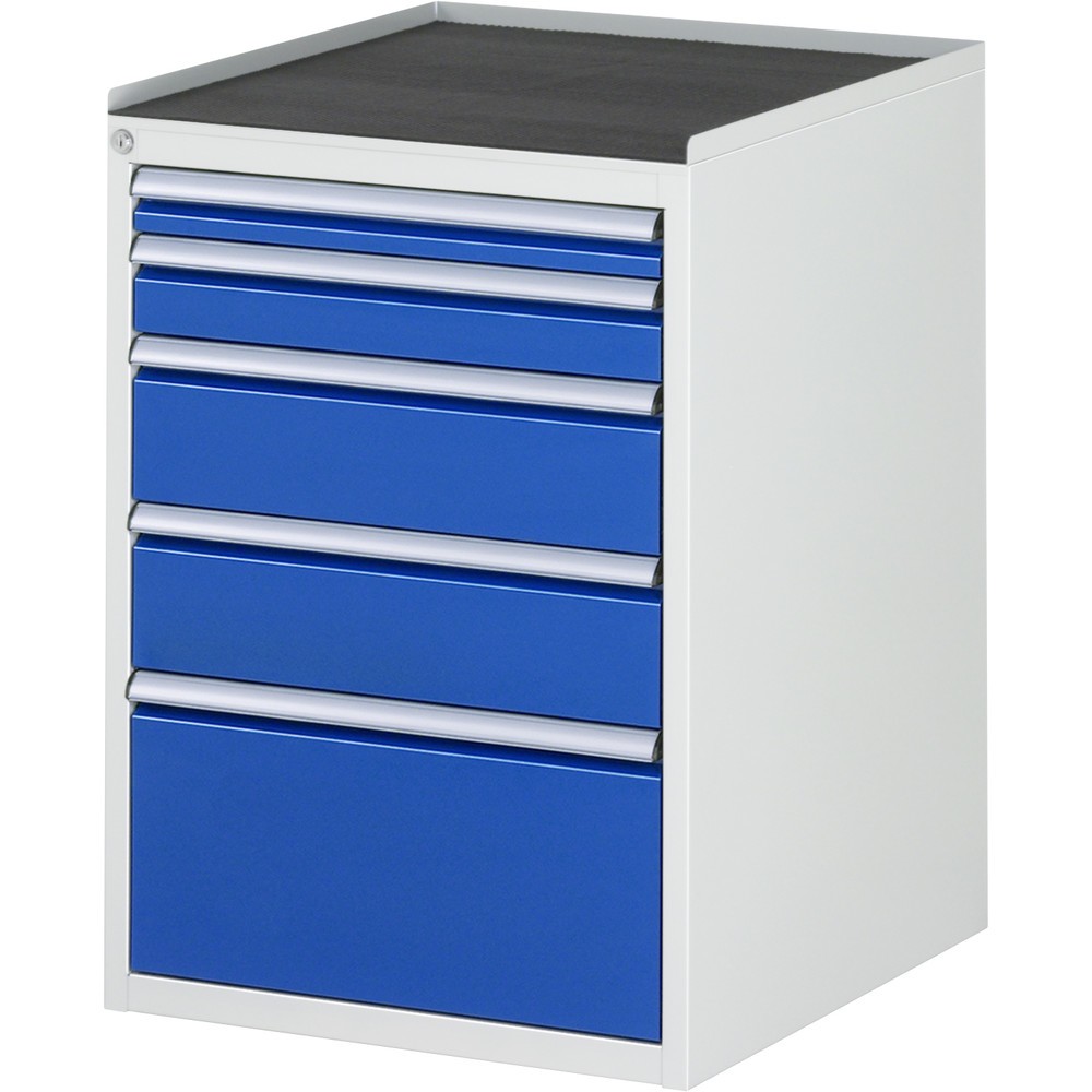 Produktabbildung: RAU Schubladenschrank Serie 7000, HxBxT 825 x 580 x 650 mm, 5 x 90%-Auszug-Schubladen 1 x 60, 1 x 90, 2 x 150, 1 x 270 mm, Arbeitsplatte Metall