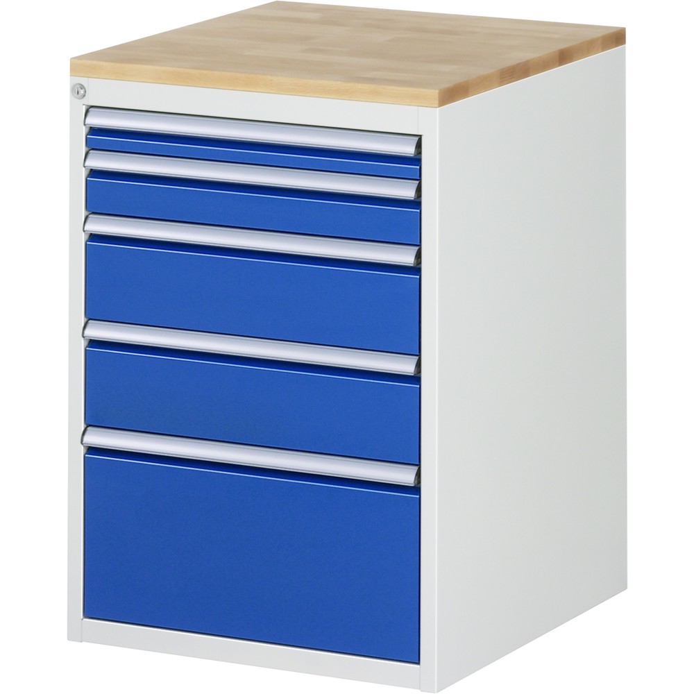 Produktabbildung: RAU Schubladenschrank Serie 7000, HxBxT 825 x 580 x 650 mm, 5 x 90%-Auszug-Schubladen 1 x 60, 1 x 90, 2 x 150, 1 x 270 mm, Arbeitsplatte Buche