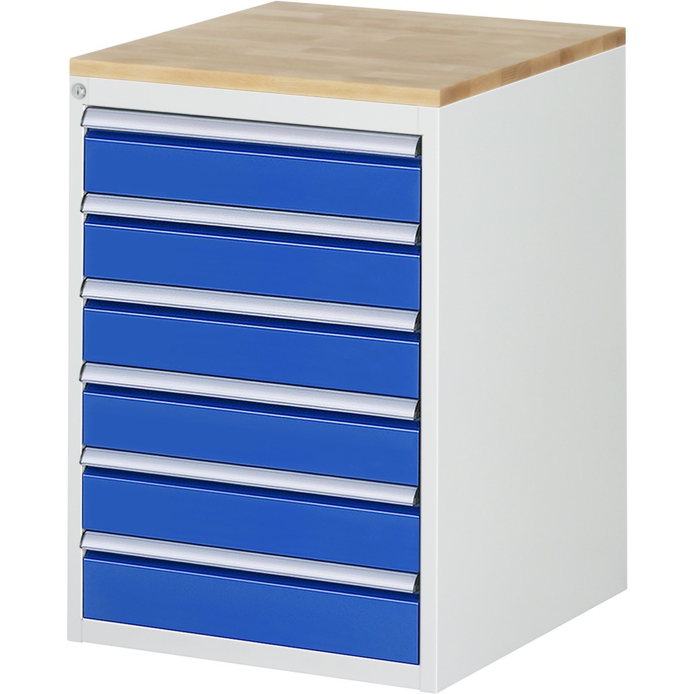 Produktabbildung: RAU Schubladenschrank Serie 7000, HxBxT 825 x 580 x 650 mm, 6 x 90%-Auszug-Schubladen 6 x 120 mm, Arbeitsplatte Buche