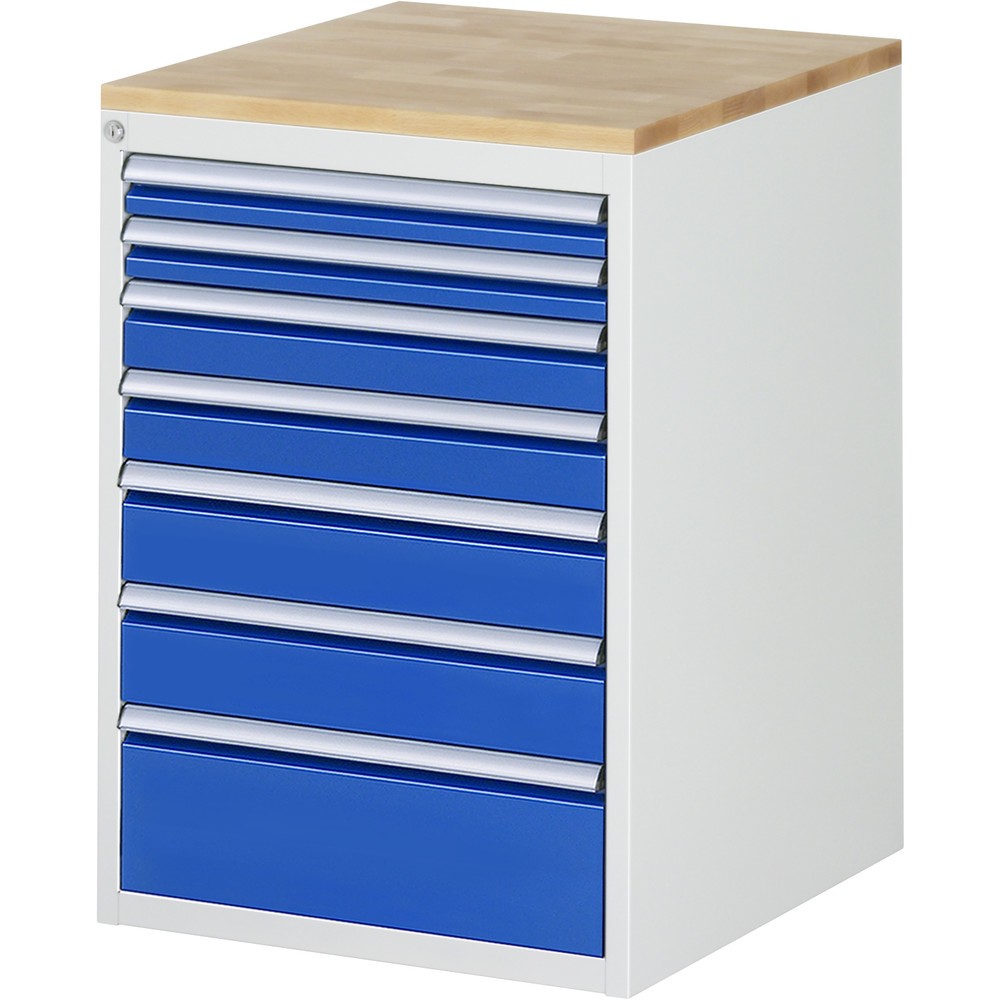 Produktabbildung: RAU Schubladenschrank Serie 7000, HxBxT 825 x 580 x 650 mm, 7 x 90%-Auszug-Schubladen 2 x 60, 2 x 90, 2 x 120, 1 x 180 mm, Arbeitsplatte Buche