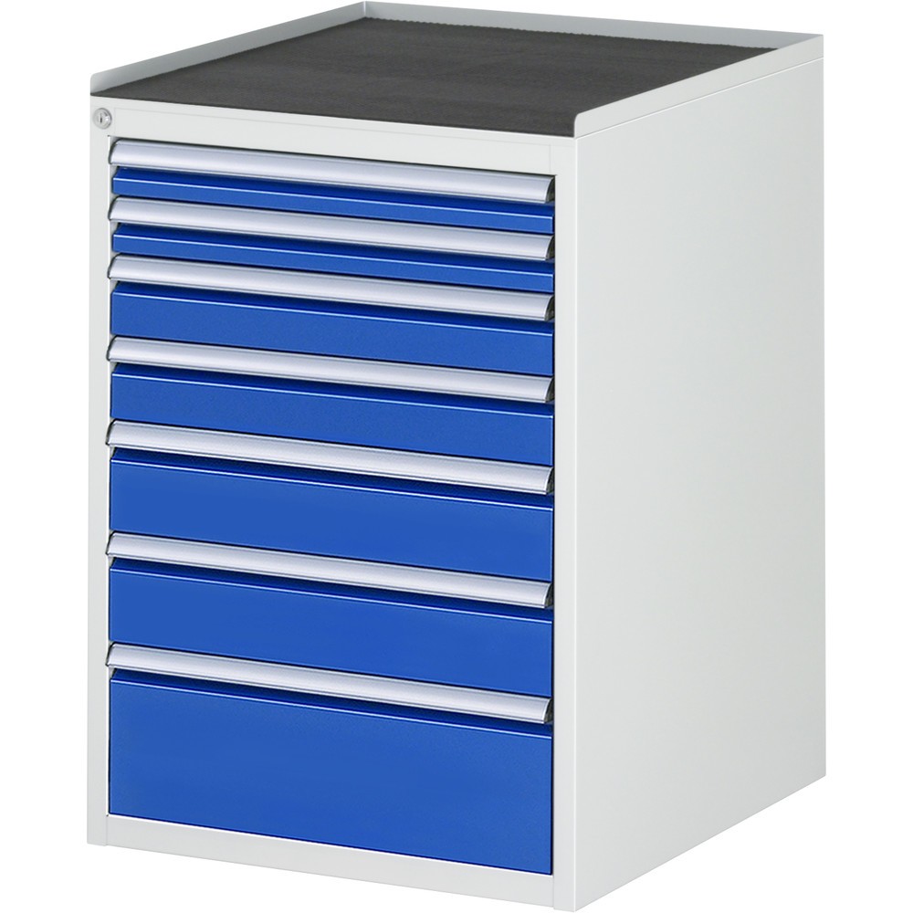 Produktabbildung: RAU Schubladenschrank Serie 7000, HxBxT 825 x 580 x 650 mm, 7 x 90%-Auszug-Schubladen 2 x 60, 2 x 90, 2 x 120, 1 x 180 mm, Arbeitsplatte Metall