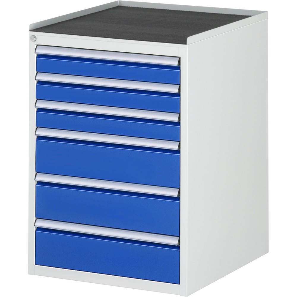 Produktabbildung: RAU Schubladenschrank Serie 7000, HxBxT 825 x 580 x 650 mm, 6 x 100%-Auszug-Schubladen 3 x 90, 3 x 150 mm, Arbeitsplatte Metall