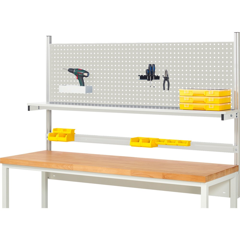 Produktabbildung: RAU Werkbank-Aufbau, HxBxT 1.130 x 2.000 x 350 mm, mit 1 Etagenboard melaminharzbeschichtete Platte und 1 Halteschiene, Komplettset 01 für Produktbreite 2.000 mm