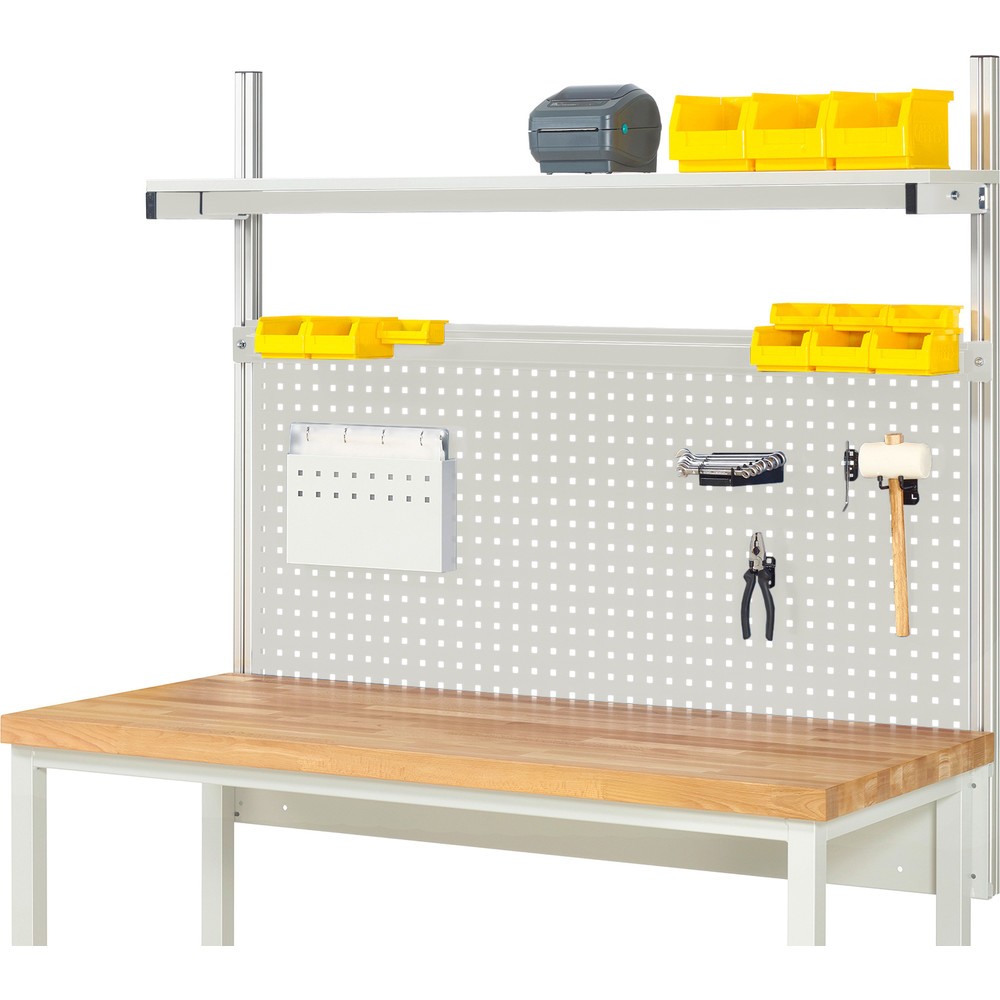 Produktabbildung: RAU Werkbank-Aufbau, HxBxT 1.130 x 1.500 x 350 mm, mit 1 Etagenboard melaminharzbeschichtete Platte und 1 Halteschiene, Komplettset 01 für Produktbreite 1.500 mm