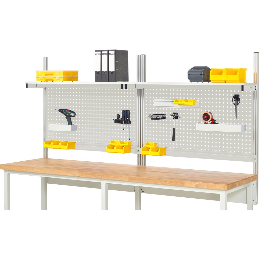 Produktabbildung: RAU Werkbank-Aufbau, HxBxT 1.130 x 2.500 x 350 mm, mit 2 Etagenboards melaminharzbeschichtete Platte und 2 Halteschienen, Komplettset 01 für Produktbreite 2.500 mm
