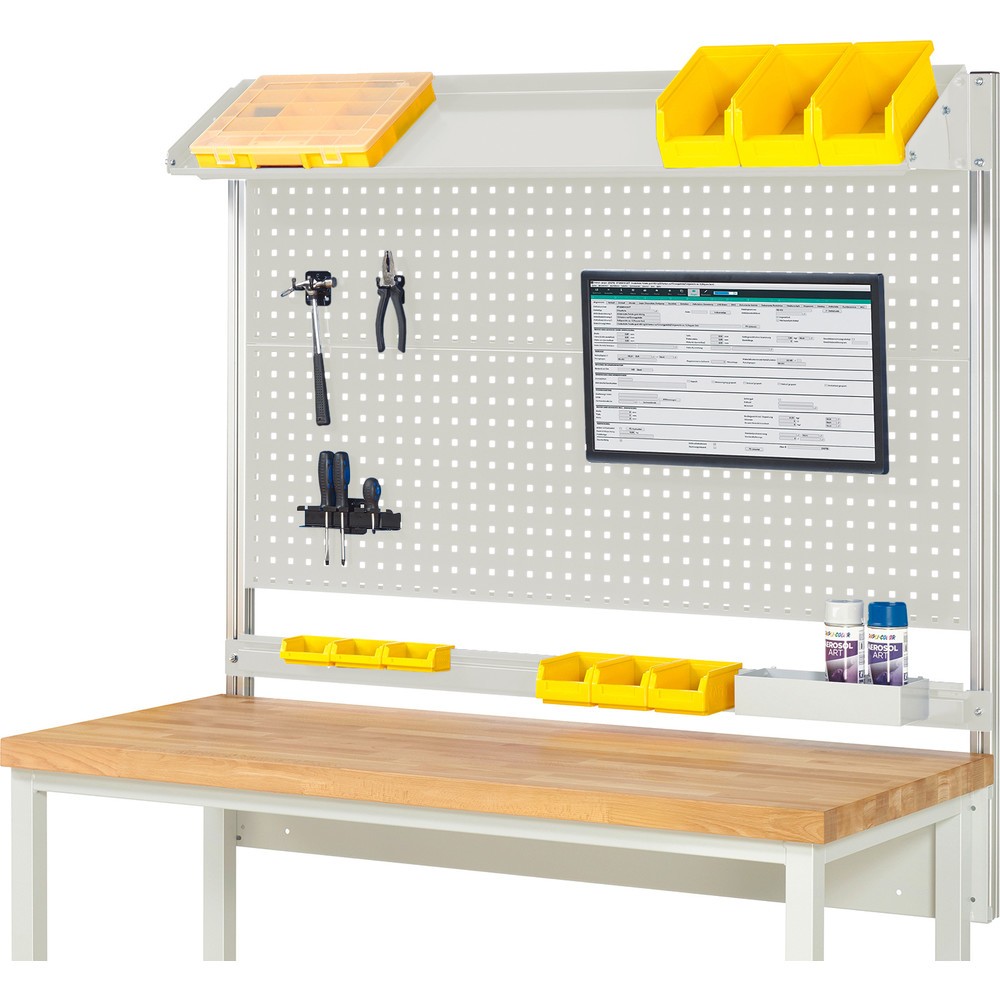 Produktabbildung: RAU Werkbank-Aufbau, HxBxT 1.130 x 1.500 x 350 mm, mit 1 neigbaren Metallablage, 1 Halteschiene und 1 Flachbildschirmhalter, Komplettset 02 für Produktbreite 1.500 mm
