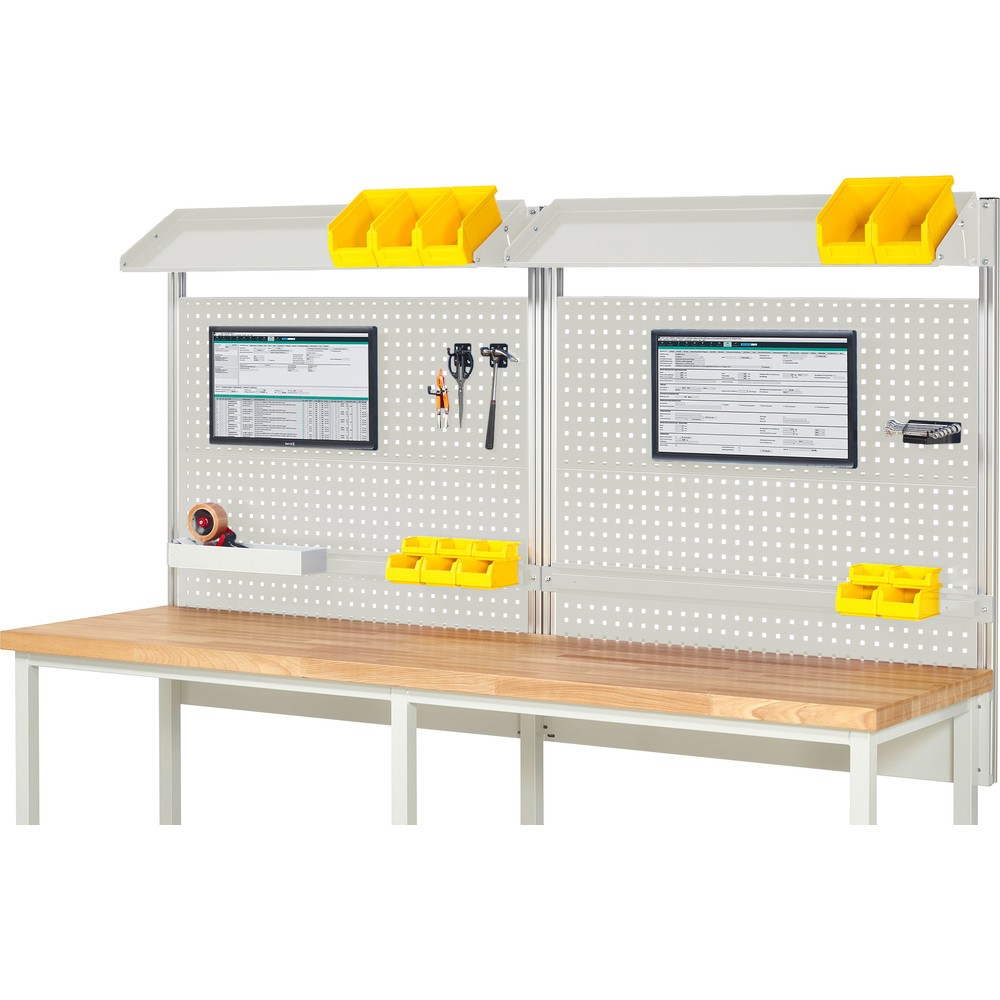 Produktabbildung: RAU Werkbank-Aufbau, HxBxT 1.130 x 2.500 x 350 mm, mit 2 neigbaren Metallablagen, 2 Halteschienen und 2 Flachbildschirmhalter, Komplettset 02 für Produktbreite 2.500 mm