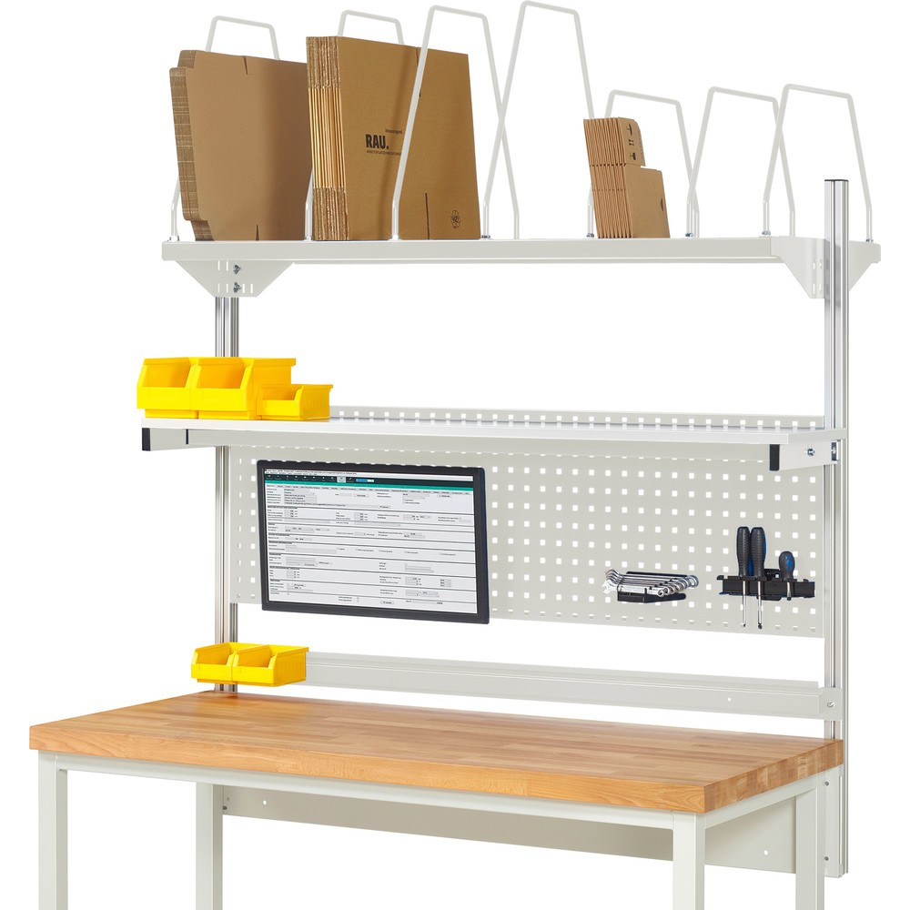 Produktabbildung: RAU Werkbank-Aufbau, HxBxT 1.130 x 1.500 x 350 mm, mit 1 Etagenboard, 1 Halteschiene und 1 Flachbildschirmhalter, Komplettset 03 für Produktbreite 2.000 mm